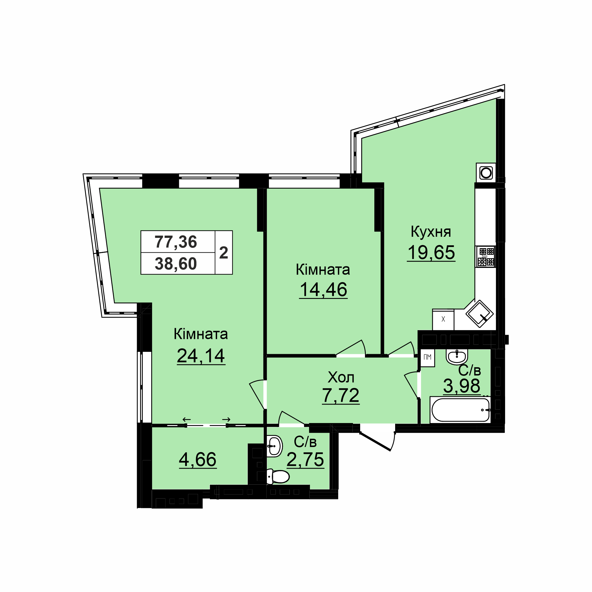 2-во кімнатна квартира (77,36 м2)