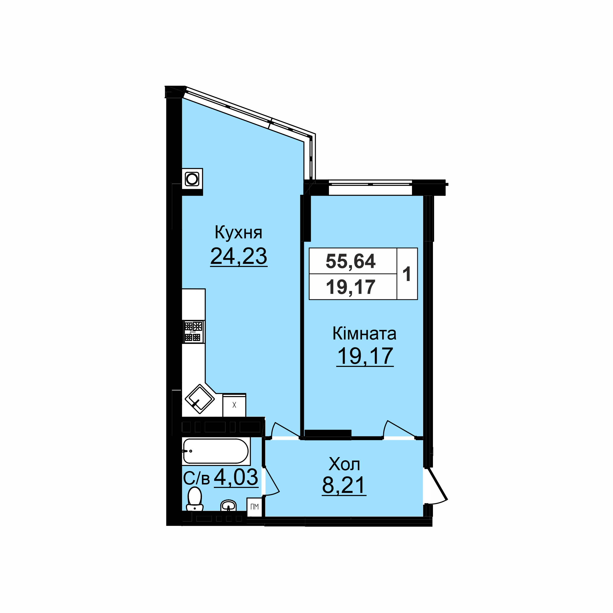 1-но кімнатна квартира (55,64 м2)