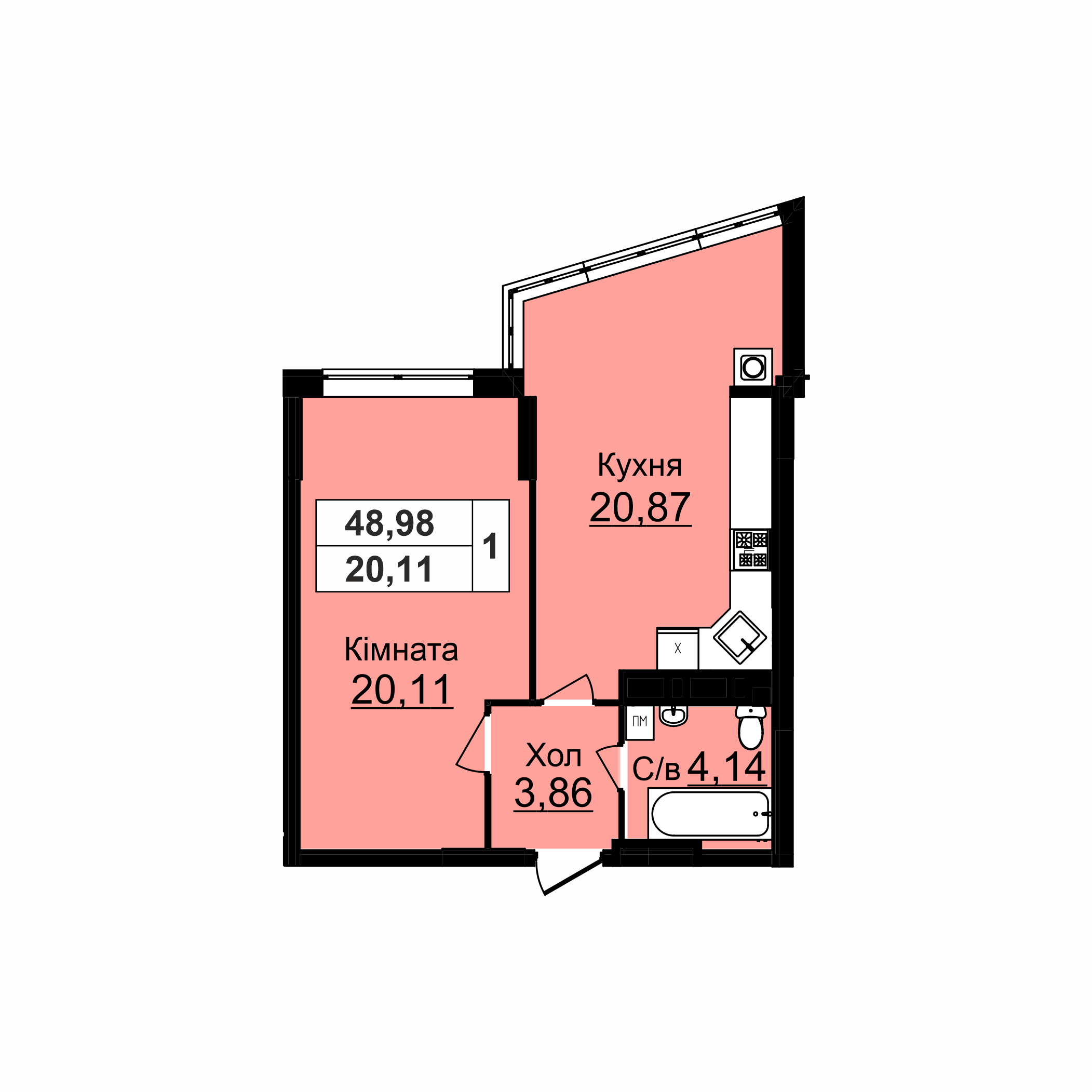 1-но кімнатна квартира (48,98 м2)