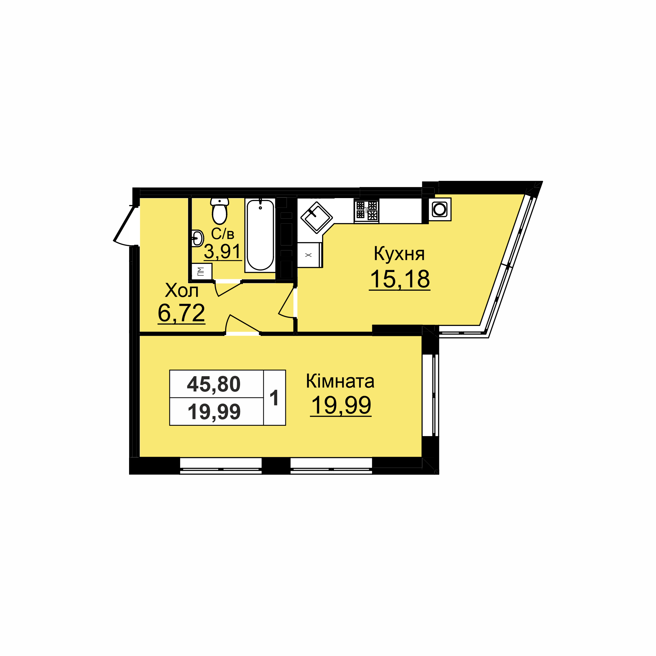 1-но кімнатна квартира (45,8 м2)