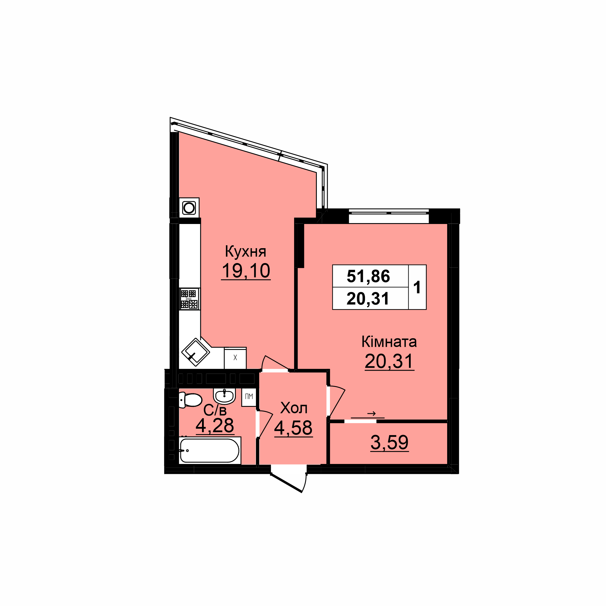 1-но кімнатна квартира (51,86 м2)