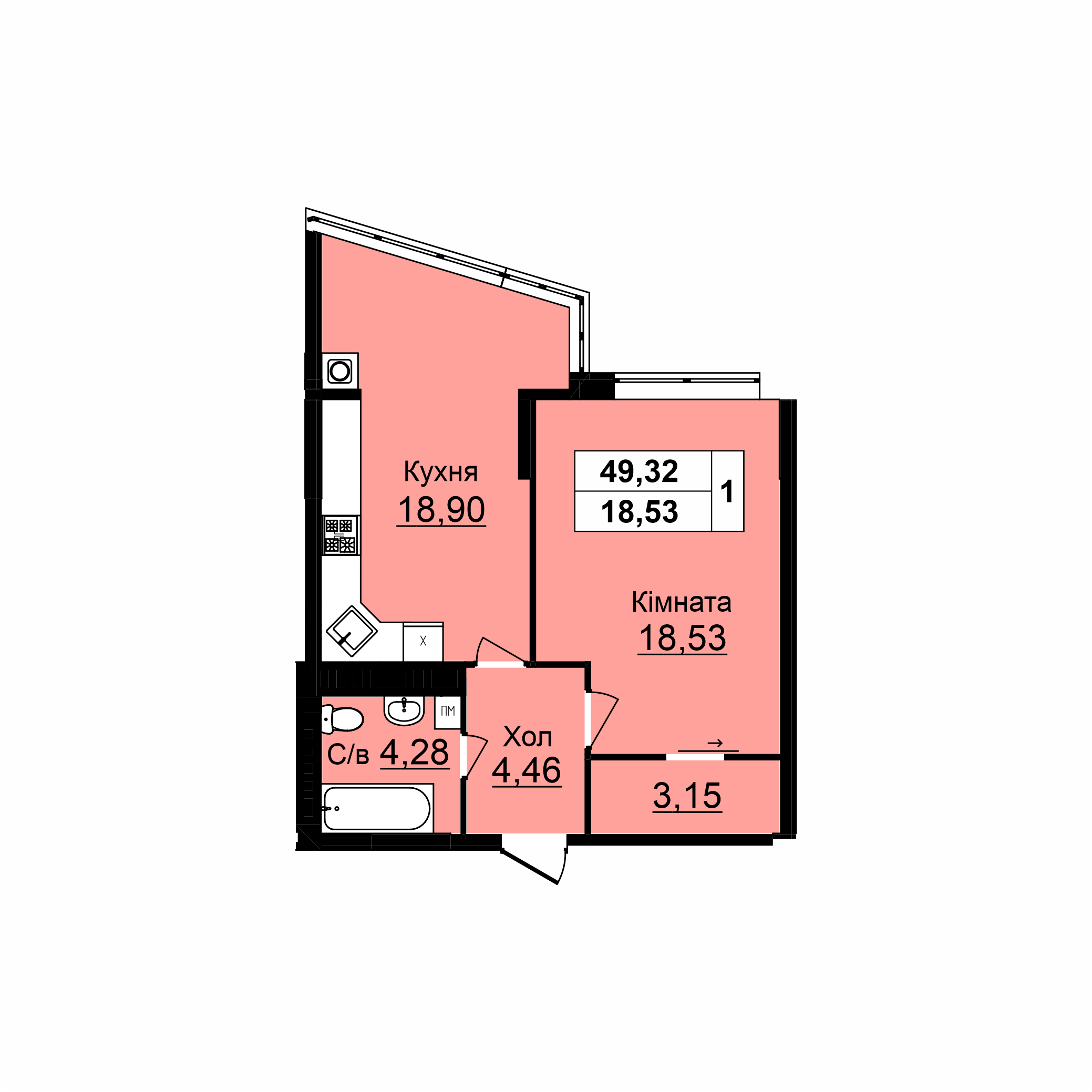 1-но кімнатна квартира (49,32 м2)