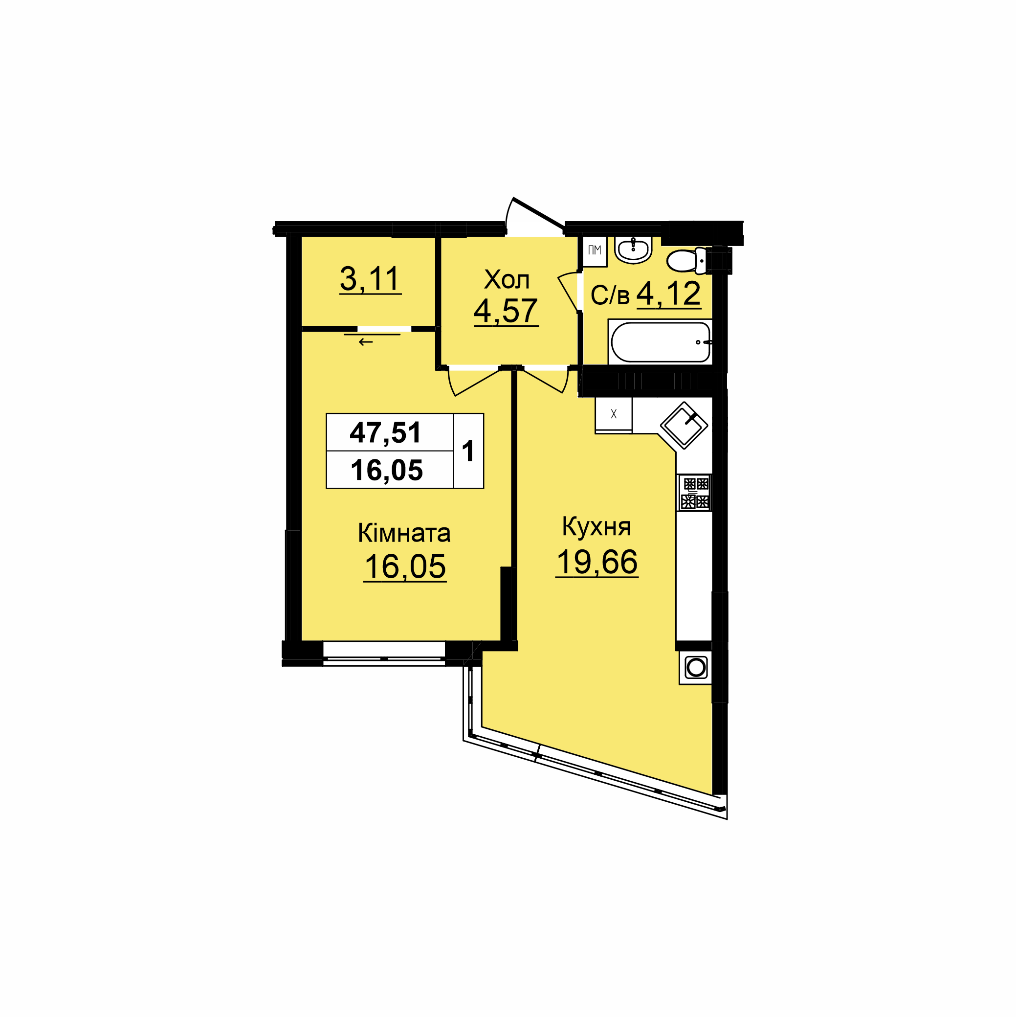 1-но кімнатна квартира (47,51 м2)