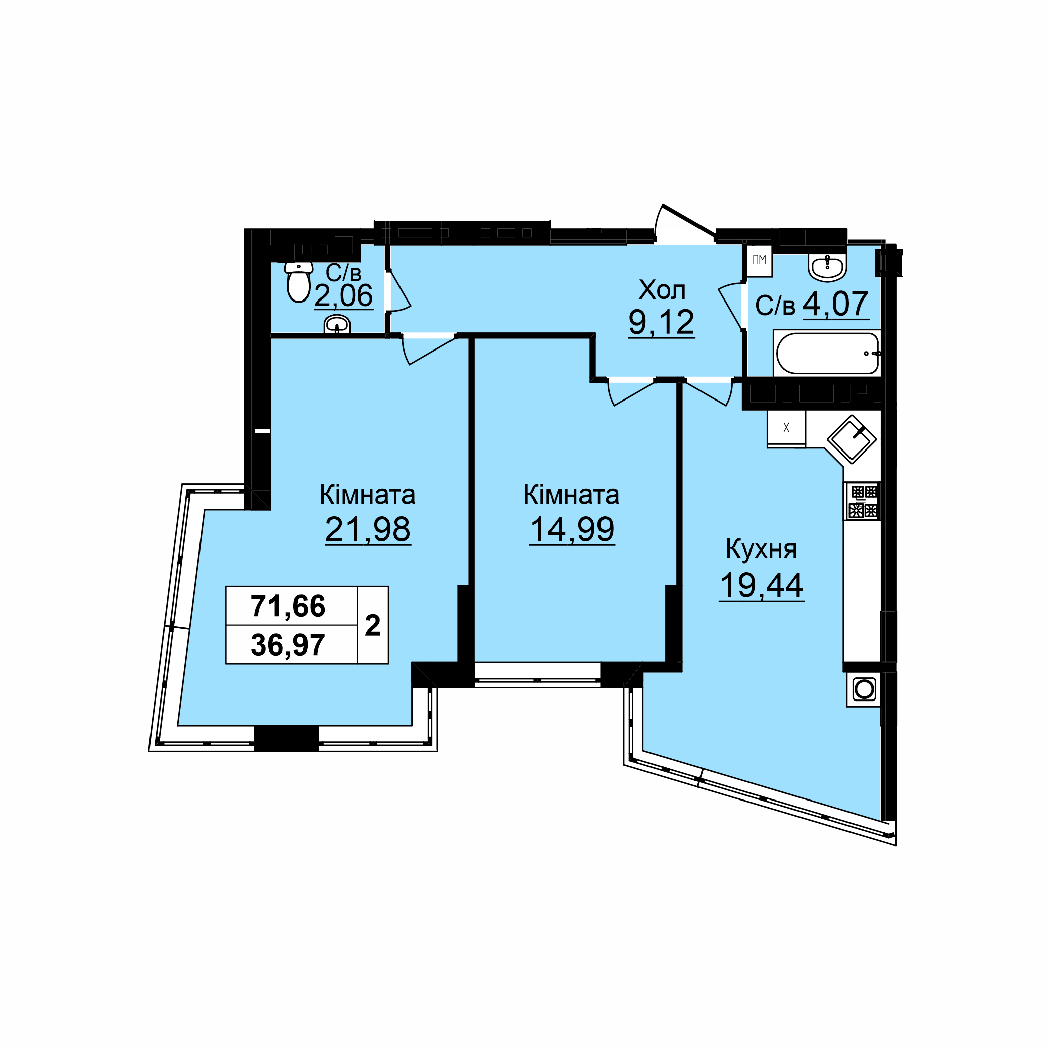 2-во кімнатна квартира (71,66 м2)